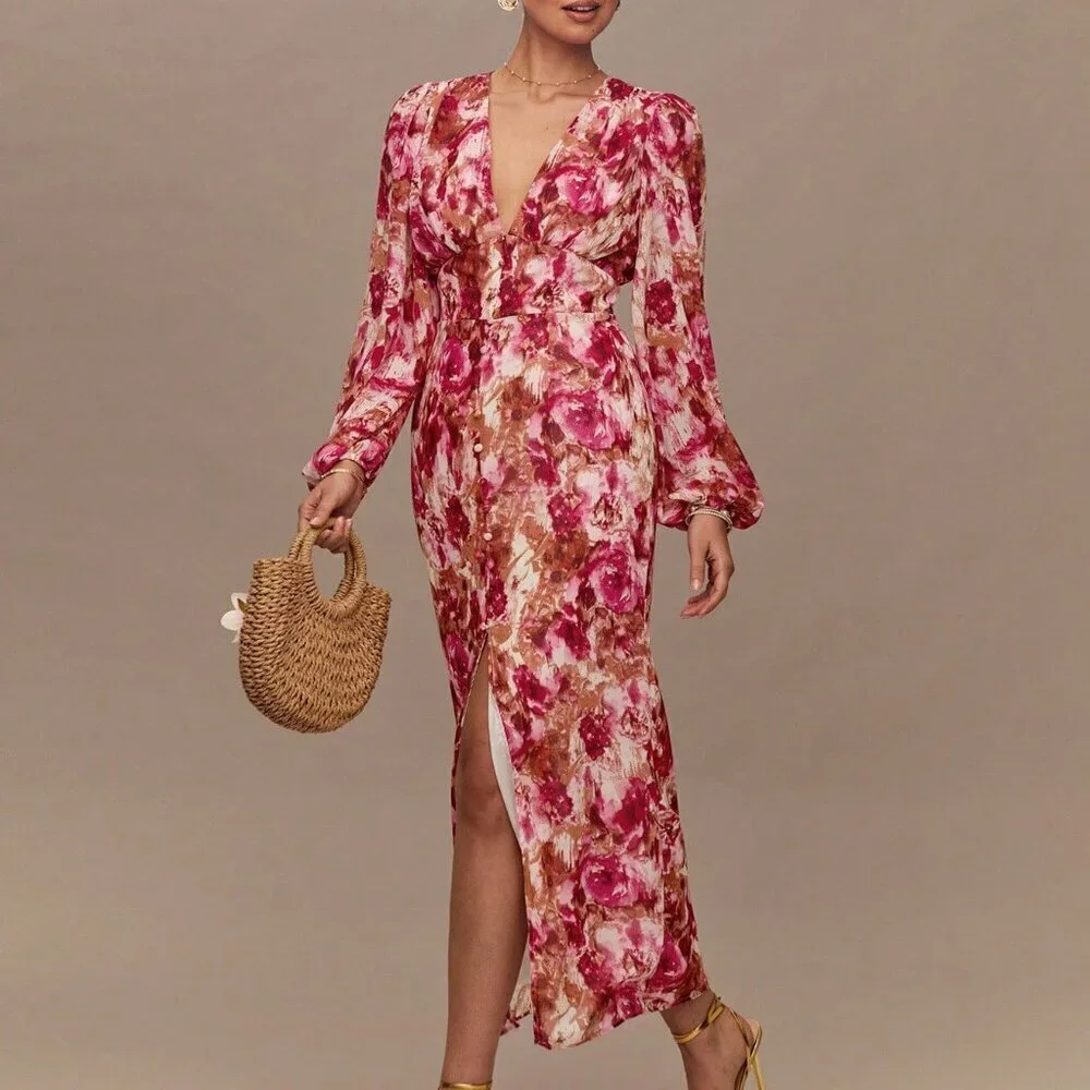 Hot Pink Boho Romantic Jacquard Women's Maxi Dress